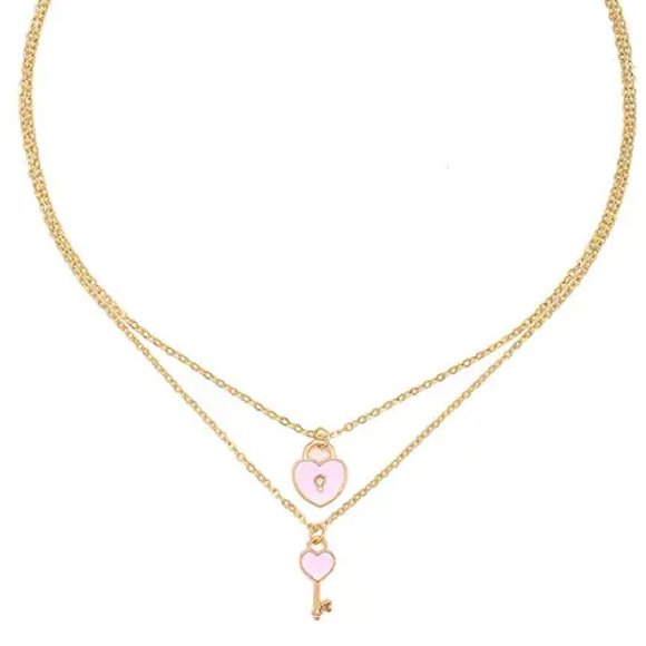 🆕 MANDI PINK DOUBLE CHAIN HEART AND LOCK NECKLACE SET - Picture 2 of 2